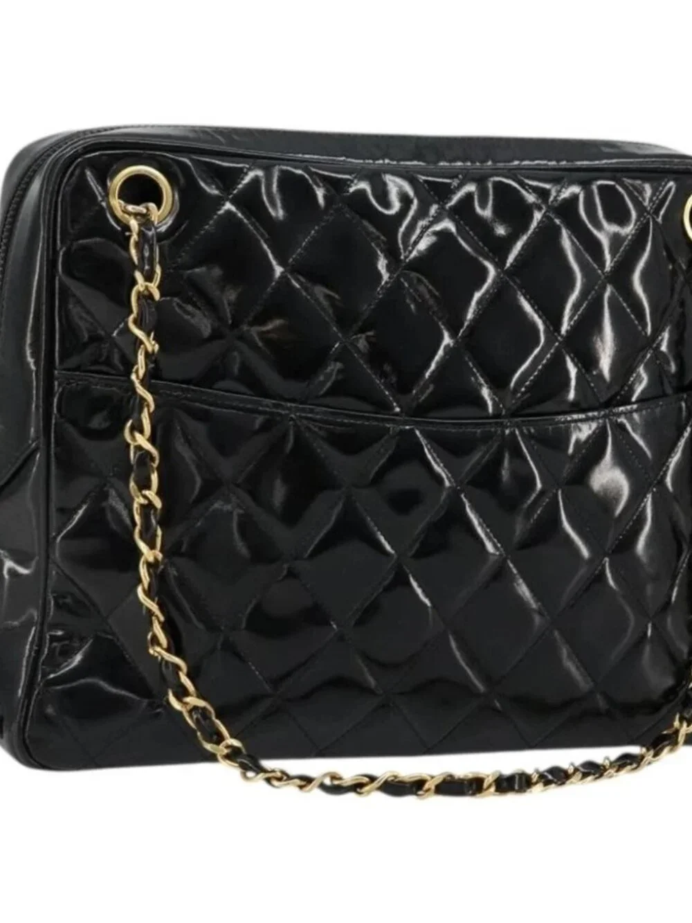 CHANEL Matelasse Chain Shoulder Bag Patent leather Black Gold CC Auth 175899